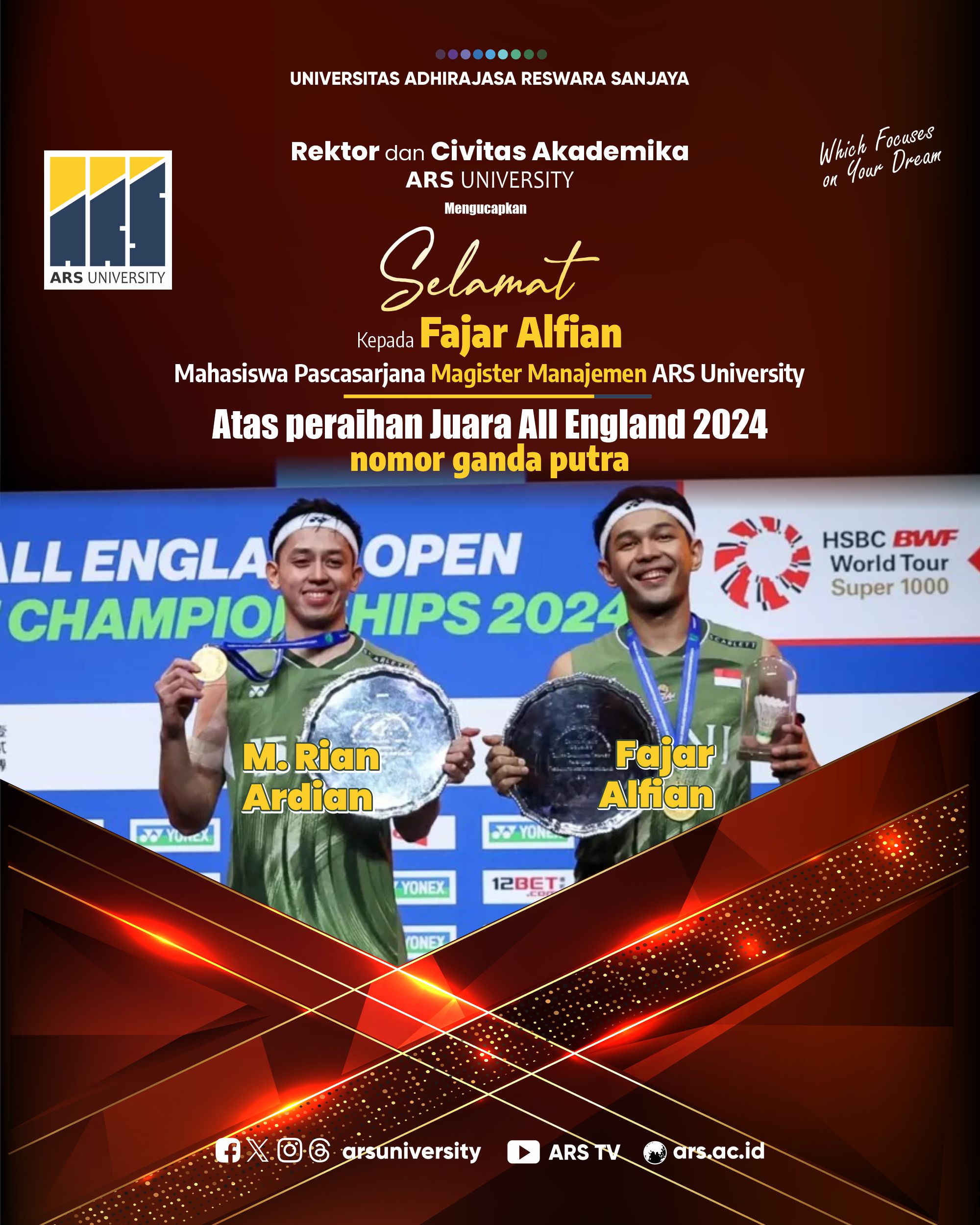 FAJAR ALFIAN, MAHASISWA MAGISTER MANAJEMEN ARS UNIVERSITY RAIH JUARA ALL ENGLAND 2024 